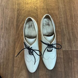 CHANEL Cream Lace-Up Oxford Shoes with Black Laces